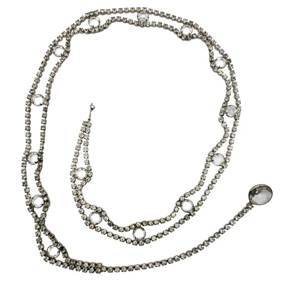 Crystal Rhinestone Belt Silver Tone Prong D&E 38" Skinny Bling Adjustable 1960s - Picture 6 of 12